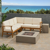 Outdoor 5 Seater V-Shaped Acacia Wood Sofa Set with Square Fire Table and Tank - NH895503