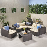 Outdoor 5 Seater V Shaped Wicker Storage Sectional Sofa Set with Ottomans - NH969903