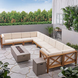 Outdoor Acacia Wood 10 Seater U-Shaped Sectional Sofa Set with Fire Pit - NH077603