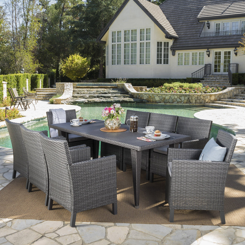 Outdoor 9 Piece Wicker Dining Set with Water Resistant Cushions - NH443203