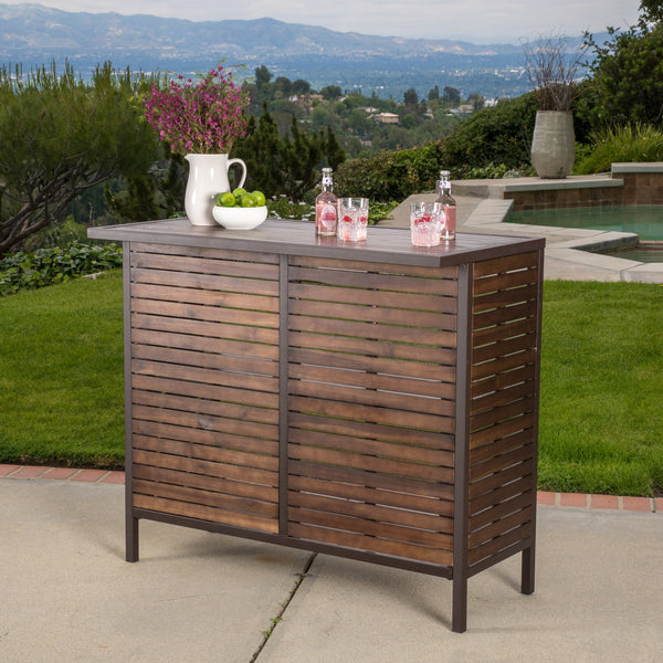 Dark Brown Acacia Wood & Rustic Metal Outdoor Bar Table - NH868692