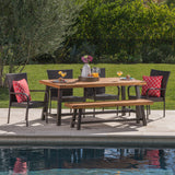 Outdoor 6 Piece Iron and Acacia Wood Dining Set with Wicker Stacking Chairs - NH735103