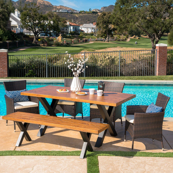 Outdoor 6 Piece Wicker Dining Set with Concrete Table and Bench - NH677303