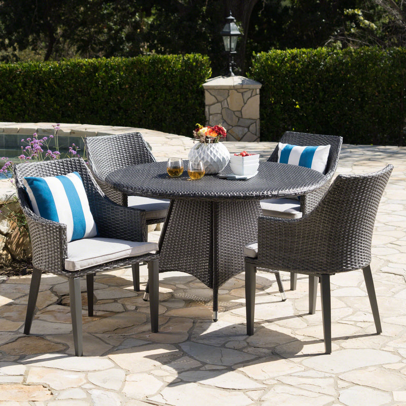 Outdoor 5 Piece Wicker Round Dining Set with Water Resistant Cushions - NH164203