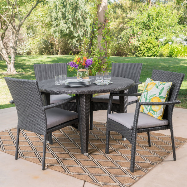 Outdoor 5 Piece Wicker Circular Dining Set with Water Resistant Cushions - NH551103