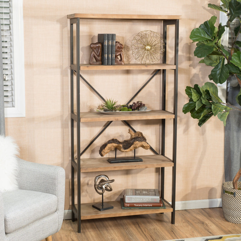 Rustic 4 Shelf Wood & Metal Etagere Bookcase - NH929692