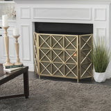 Modern 3-Panel Iron Fireplace Screen with Cross Hatch Pattern - NH755103