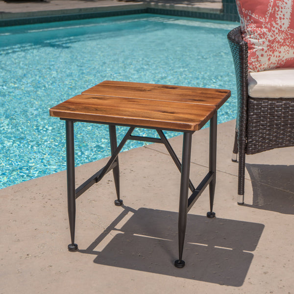 Outdoor Rustic Industrial Acacia Wood End Table with Metal Frame, Teak and Black - NH131103