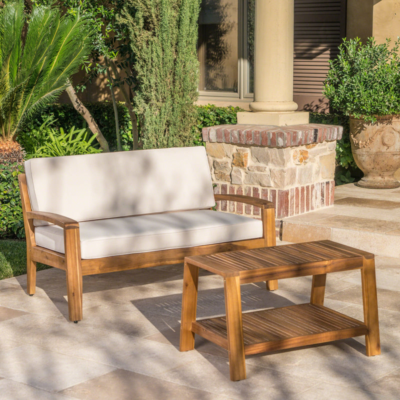 Outdoor Acacia Wood Loveseat and Coffee Table Set with Cushions - NH354303