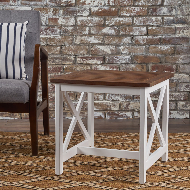 Farmhouse Cottage Dark Oak Acacia Wood End Table with White Frame - NH541203