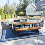 Outdoor 6 Piece Multi-brown Wicker and Acacia Sandblast Wood Dining Set - NH423203