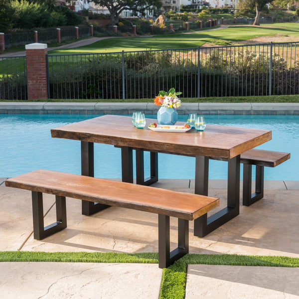 Outdoor 3 Piece Faux Live Edge Teak Finish Lightweight Concrete Picnic Set - NH408303