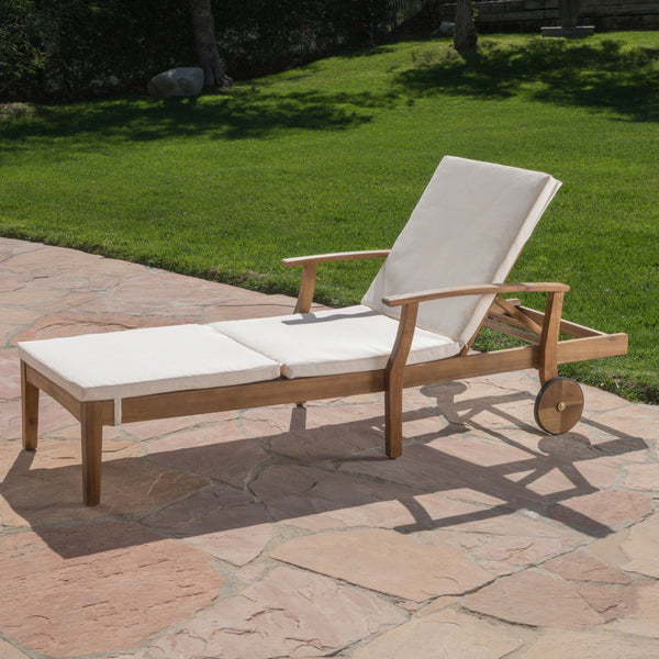 Outdoor Teak Finish Chaise Lounge with Water Resistant Cushion - NH318303