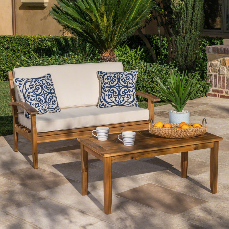 Outdoor Acacia Wood Loveseat and Coffee Table Set with Cushions - NH754303