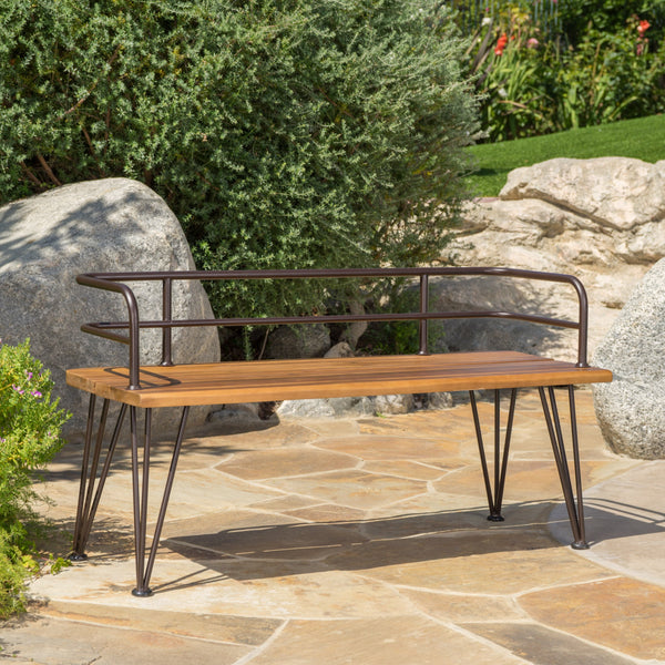 Outdoor Rustic Industrial Acacia Wood Bench with Metal Hairpin Legs, Teak - NH998003