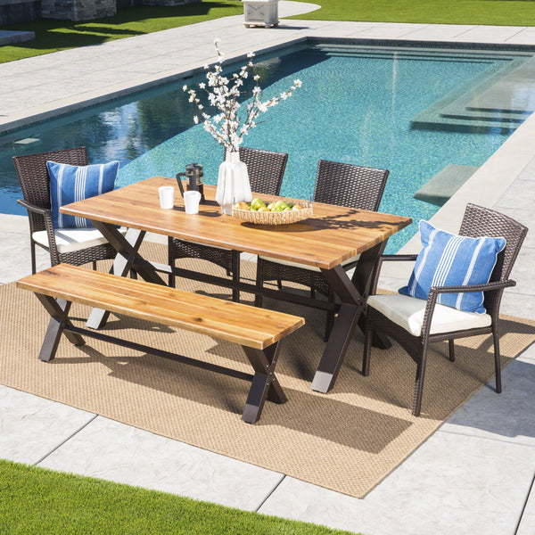 Outdoor 6 Piece Acacia Wood Dining Set with Wicker Dining Chairs - NH297203