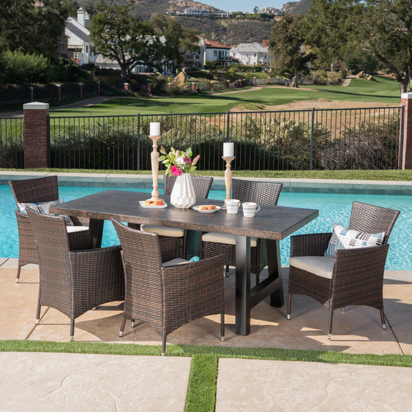 Outdoor 7 Piece Wicker Dining Set with Light Weight Concrete Dining Table - NH829303