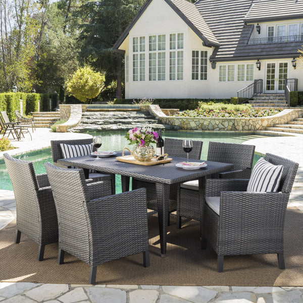 Outdoor 7 Piece Wicker Dining Set with Water Resistant Cushions - NH933203