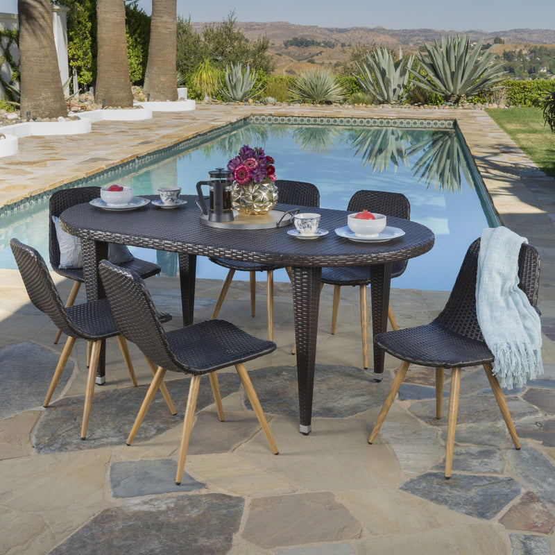 Outdoor 7 Piece Wicker Oval Dining Set with Wood Finished Legs - NH646203