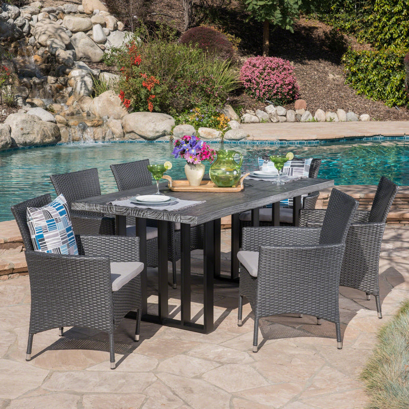 Outdoor 7 Piece Wicker Dining Set with Concrete Dining Table - NH290403