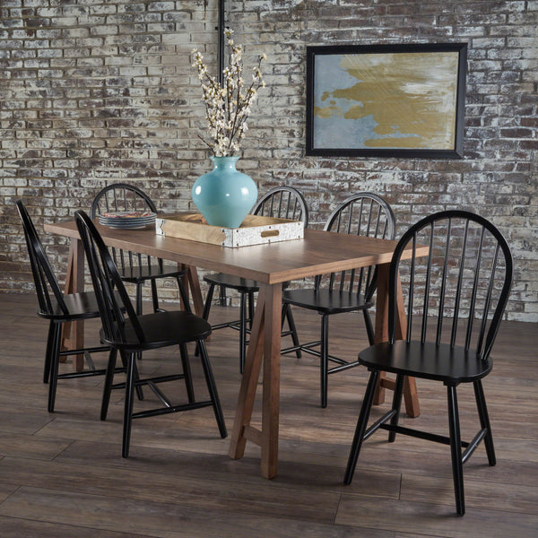 Farmhouse Cottage 7 Piece Faux Wood Dining Set with Rubberwood Chairs - NH324203