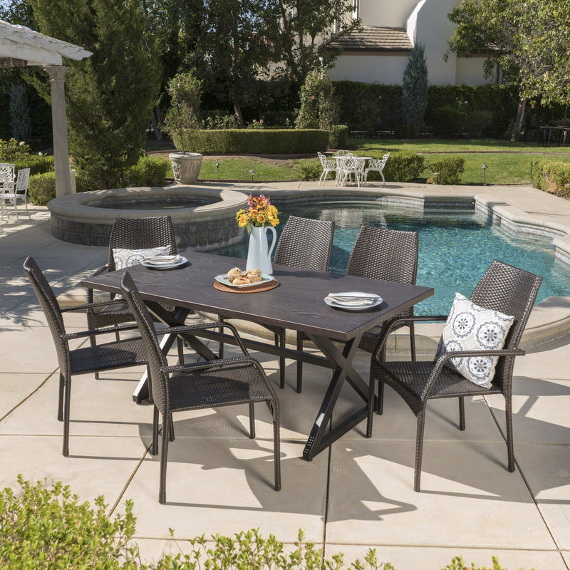 Outdoor 7 Piece Multi-brown Wicker Dining Set with Brown Aluminum Table - NH605203