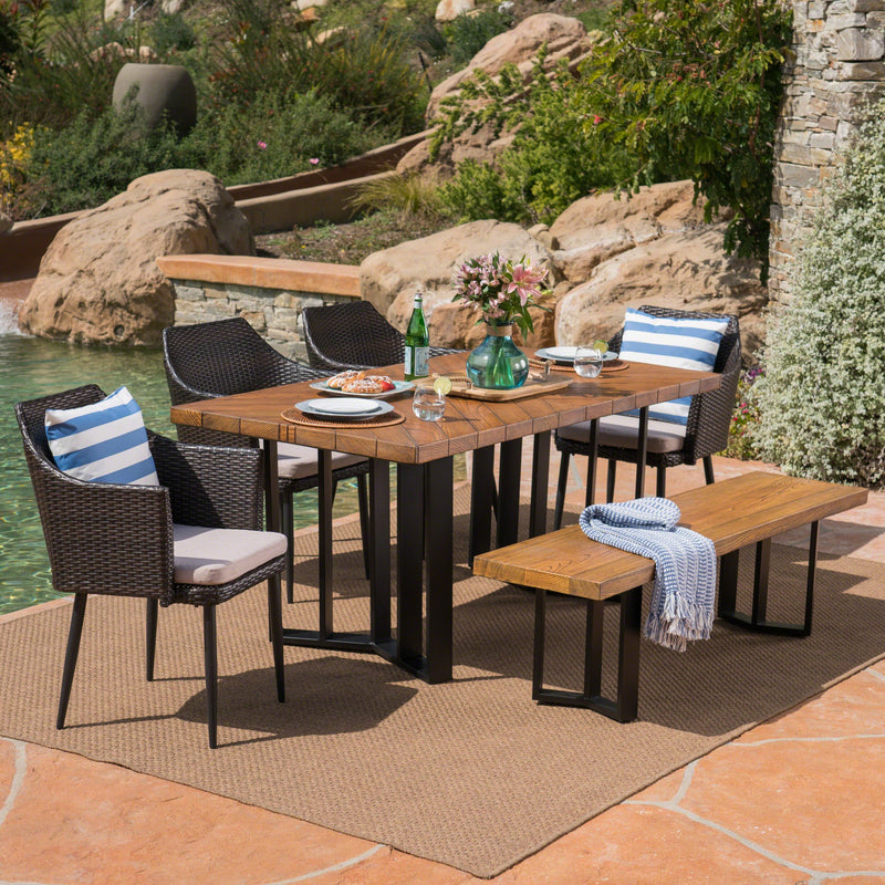 Outdoor 6 Piece Wicker Dining Set with Concrete Dining Table and Bench - NH311403