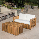 Outdoor Acacia Wood Loveseat and Coffee Table Set with Cushions - NH364303