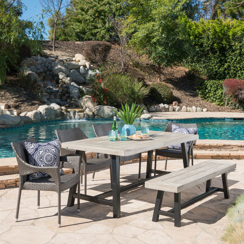 Outdoor 6 Piece Wicker Dining Set with Acacia Wood Table and Bench - NH809303