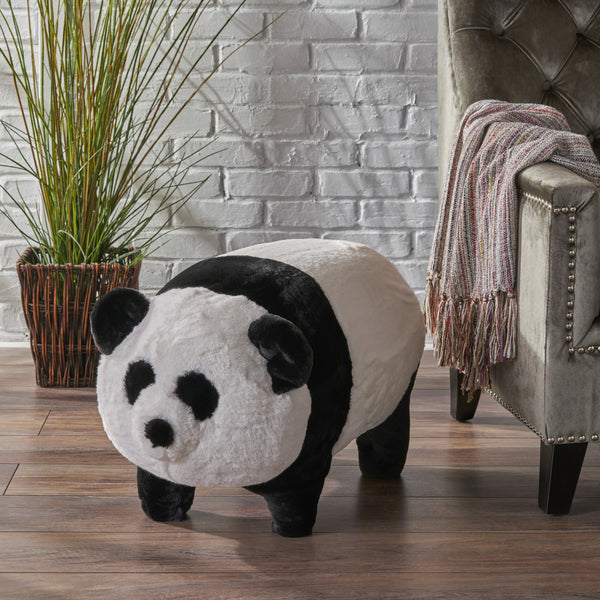 Kid's White and Black Furry Panda Ottoman - NH449203