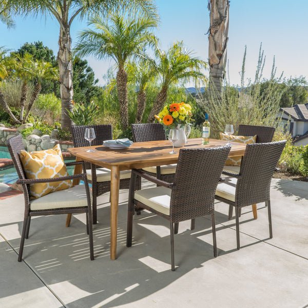 Outdoor 7-Piece Brown Wicker Dining Set with Cream Cushions - NH590003