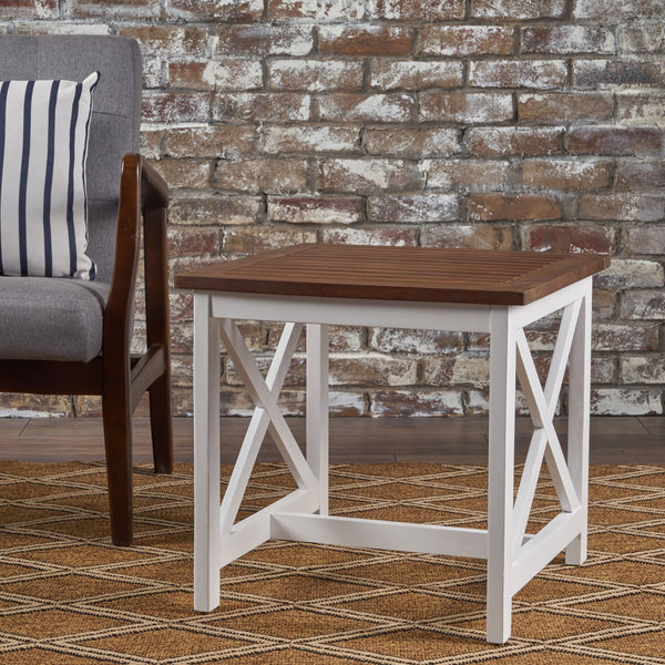 Outdoor Farmhouse Dark Oak Acacia Wood White Frame End Table - NH641203