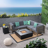 Outdoor 7 Piece V-Shaped Acacia Wood Sectional Sofa Set with Fire Pit and Outdoor Cushions - NH670703