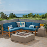 Outdoor 5 Seater V-Shaped Acacia Wood Sofa Set with Square Fire Table and Tank - NH895503