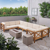 Outdoor Acacia Wood 10-Piece U-Shaped Sectional Sofa Set with Fire Pit - NH847603