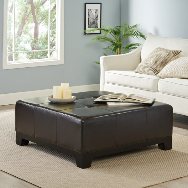 Button Tufted Espresso Leather Square Ottoman Coffee Table - NH235892