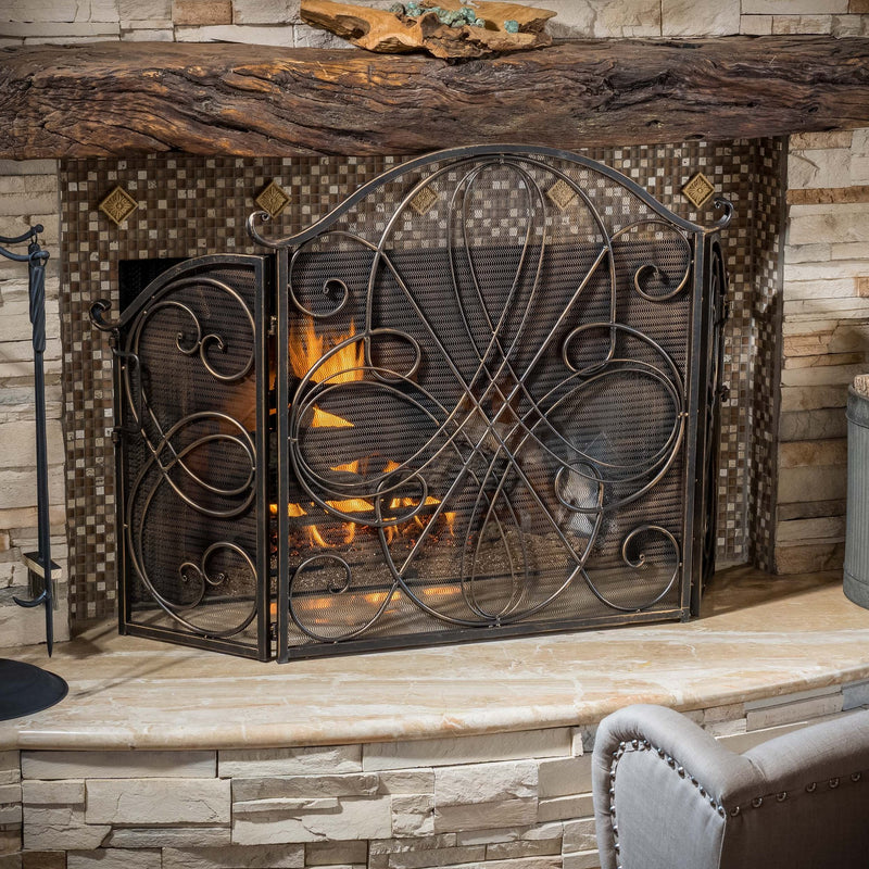 Black Gold Finish Floral Iron Fireplace Screen - NH544592