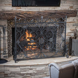 Black Brushed Silver Finish Wrought Iron Fireplace Screen - NH944592