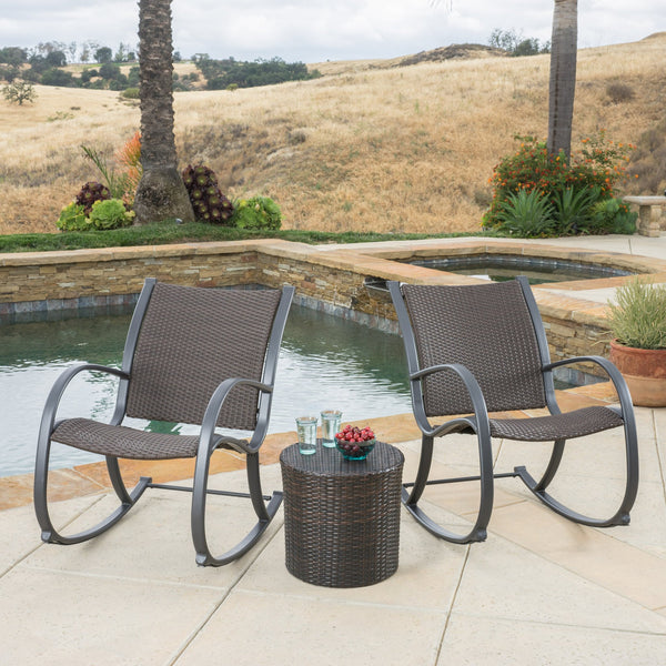 Outdoor 3pc Dark Brown Wicker Rocking Chair Chat Set - NH108592