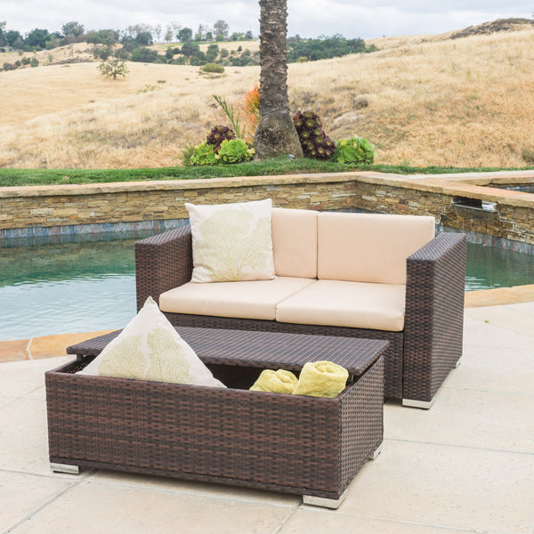 Outdoor Brown PE Wicker Loveseat & Ottoman Set - NH668592