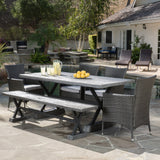 Outdoor 6 Piece Lightweight Concrete Dining Set with Bench - NH809592