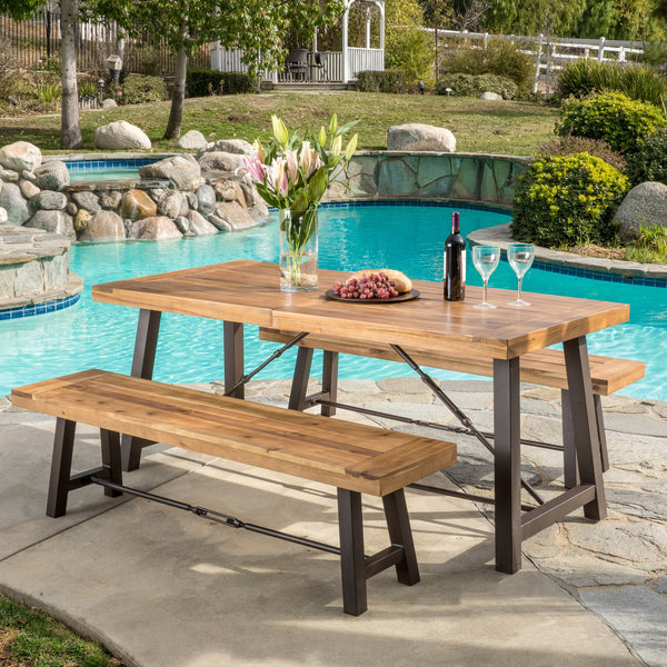 Rustic Industrial Outdoor Teak Finish Acacia Wood Picnic Dining Set - NH916692