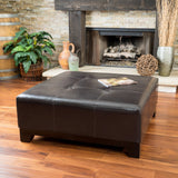 Button Tufted Espresso Leather Square Ottoman Coffee Table - NH235892