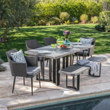 Outdoor 6 Piece Wicker Dining Set with Concrete Dining Table and Bench - NH311403