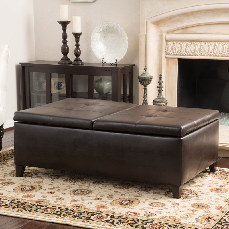 Button Tufted Brown Split Top Storage Ottoman - NH298692