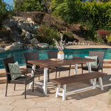 Outdoor 6 Piece Stacking Wicker Dining Set with Acacia Wood Table and Bench - NH909303