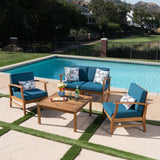 Outdoor 4 Seat Teak Finished Acacia Wood Chat Set with Water Resistant Cushions - NH927303