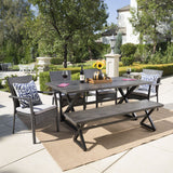 Outdoor 6 Piece Aluminum Dining Set with Bench and Wicker Dining Chairs - NH694203