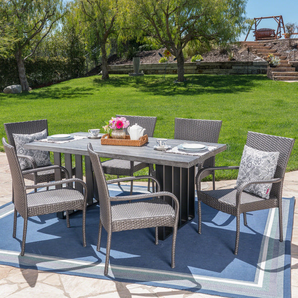 Outdoor 7 Piece Wicker Dining Set with Concrete Dining Table - NH590403