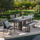 Outdoor 6 Piece Wicker Dining Set with Concrete Dining Table and Bench - NH121403